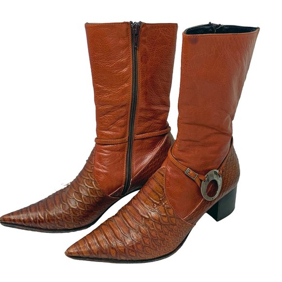 Pour L'Amour Italian Cognac‎ Leather Pointed Mid Calf Zip Boots - Picture 5 of 15
